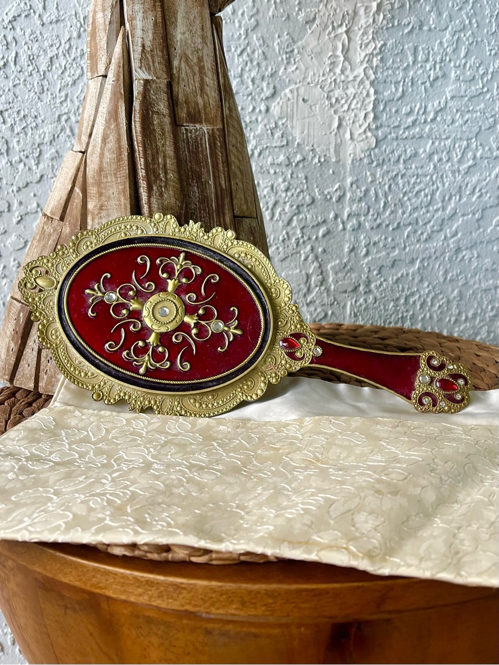 Vintage Ornate Gold Hand Mirror Burgundy Filigree Faux Jewel Coquette w/case